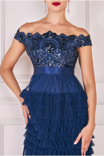 Scallop Bardot Ruffle Mesh Maxi Goddiva